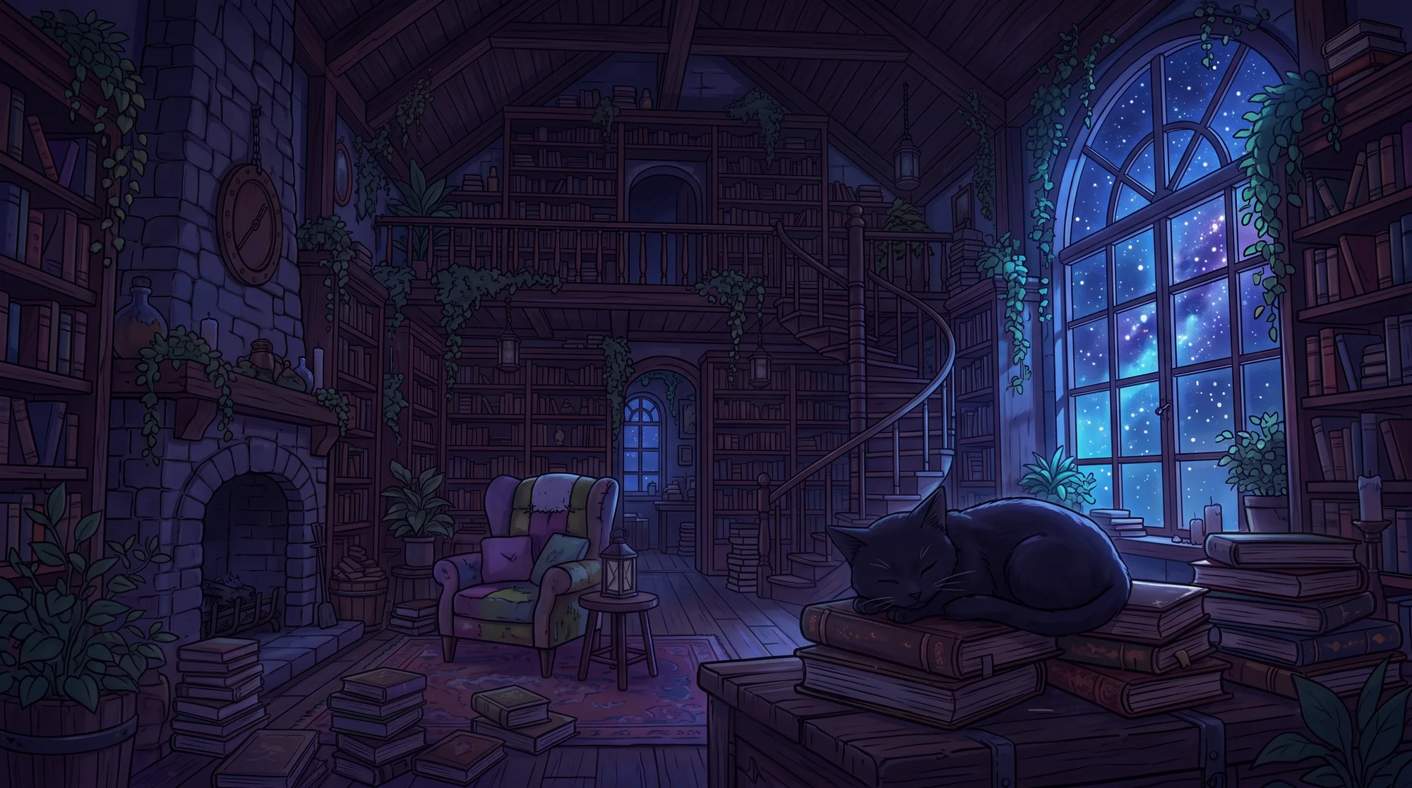 Illustration of a cozy two-storey library at night: a fire in a stone fireplace, candles on the mantel, hanging lanterns, a patchwork armchair, a tall arched window full of stars, and a black cat asleep on a stack of books.