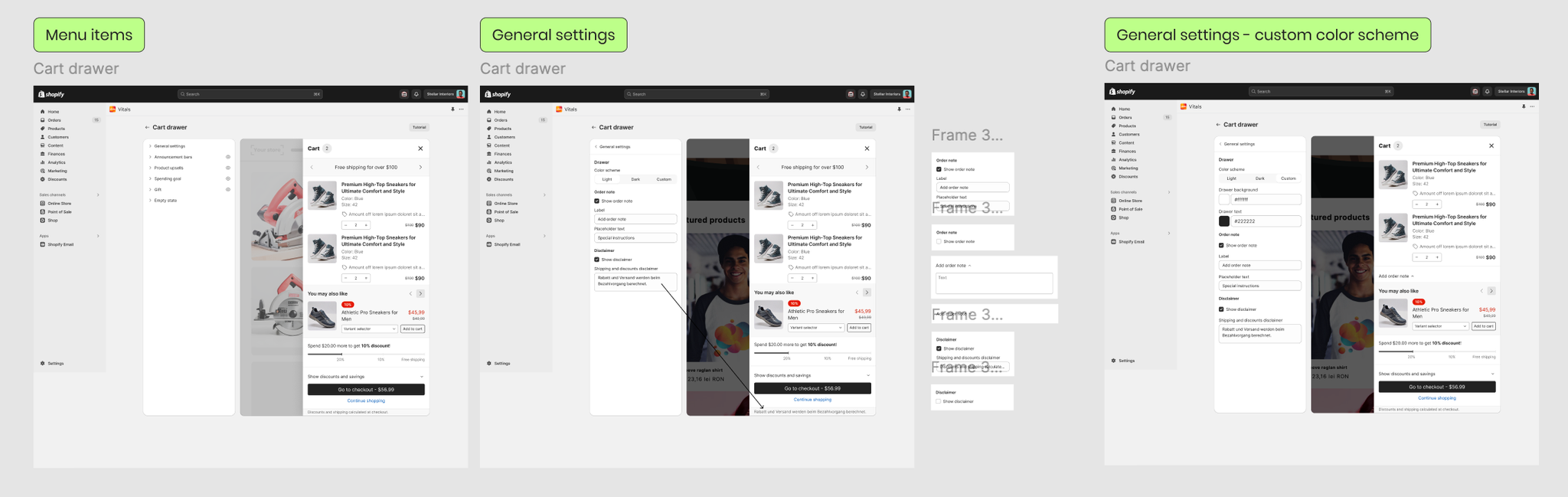 The Shopify Polaris-based Vitals admin for the cart drawer: a left navigation, a settings tree (General settings, Announcement bars, Product upsells, Spending goal, Gift, Empty state), and a live scrollable cart preview showing line items, an order note, an upsell, a spending-goal bar, and a sticky checkout button.