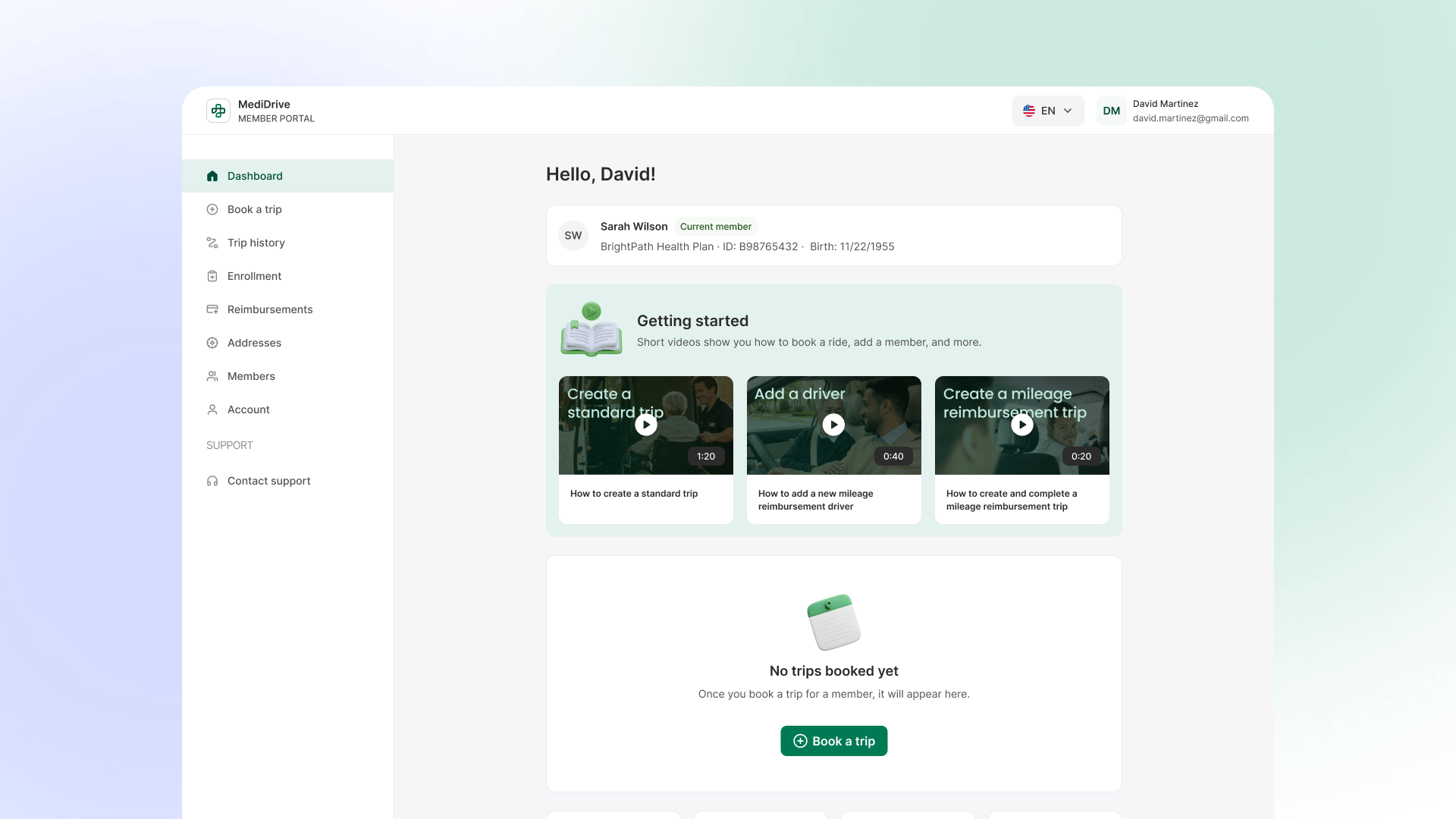 The redesigned member dashboard as the landing surface after login: an active trip shown front and center with driver details and pickup time, plus shortcuts to trip history, reimbursements, and saved addresses.
