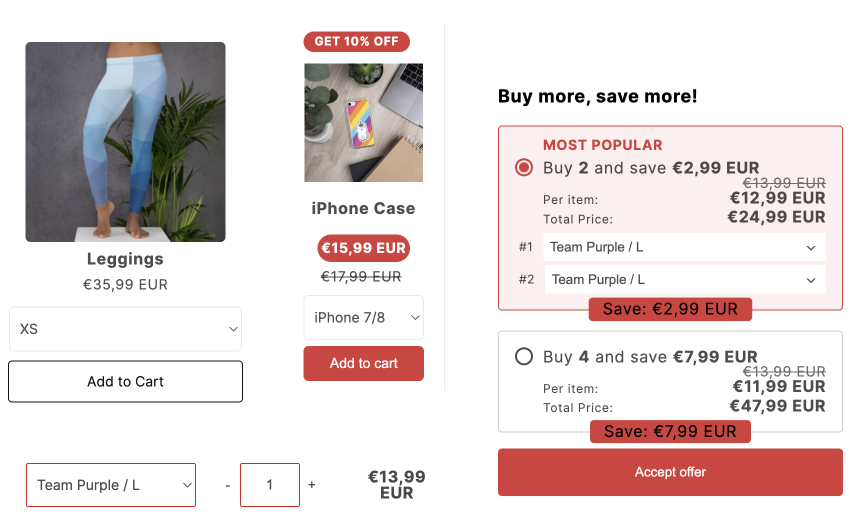 Real Vitals widgets built from the design system: a product card for leggings with a size selector and Add to Cart button, an iPhone Case upsell card with a "Get 10% off" badge, a "Buy more, save more!" quantity-bundle offer, and a standalone quantity selector — all styled to blend into a storefront theme.