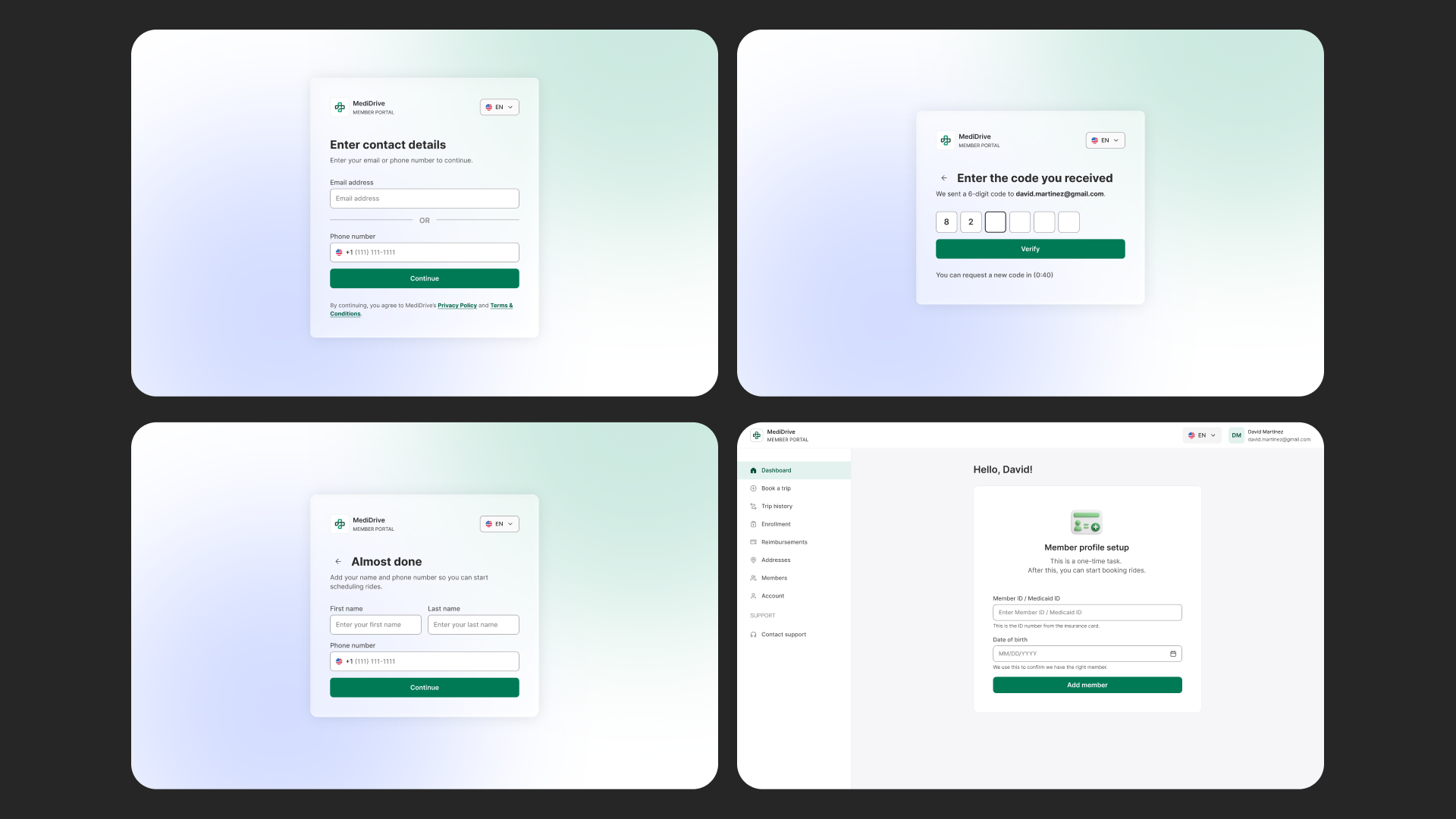 Full bleed overview showing the redesigned MediDrive portal in both light and dark mode.