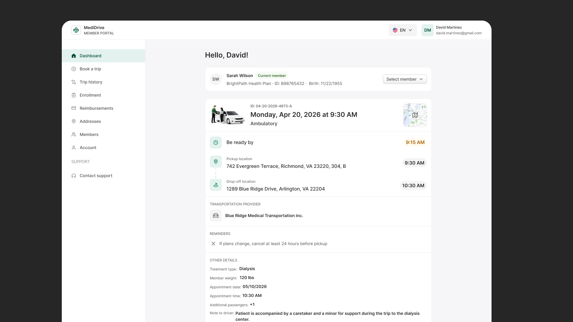 Confirmed trip on the redesigned MediDrive portal, showing clear status and next steps.