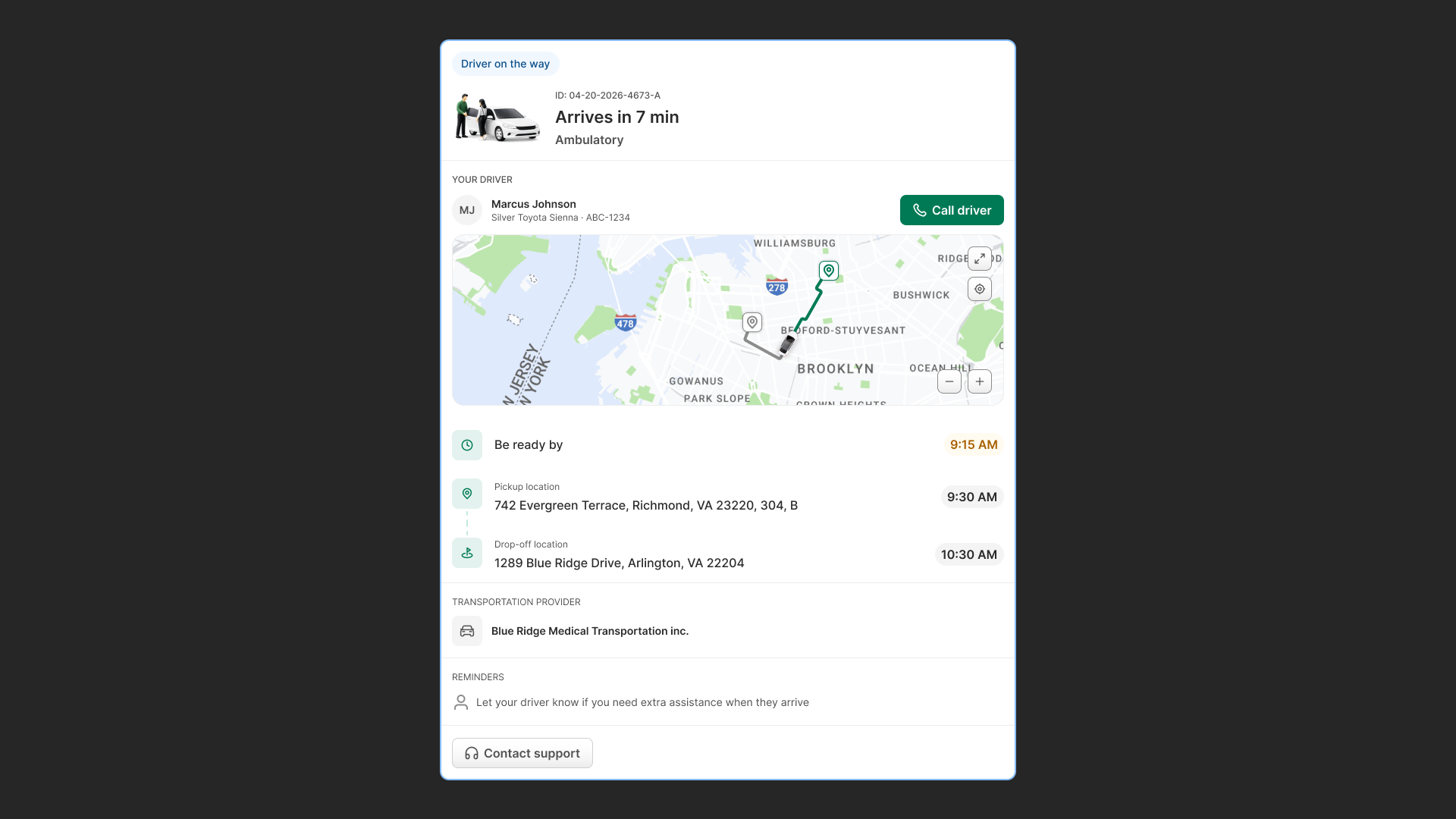 Ride card on the dashboard showing clear status, driver ETA, and next steps.