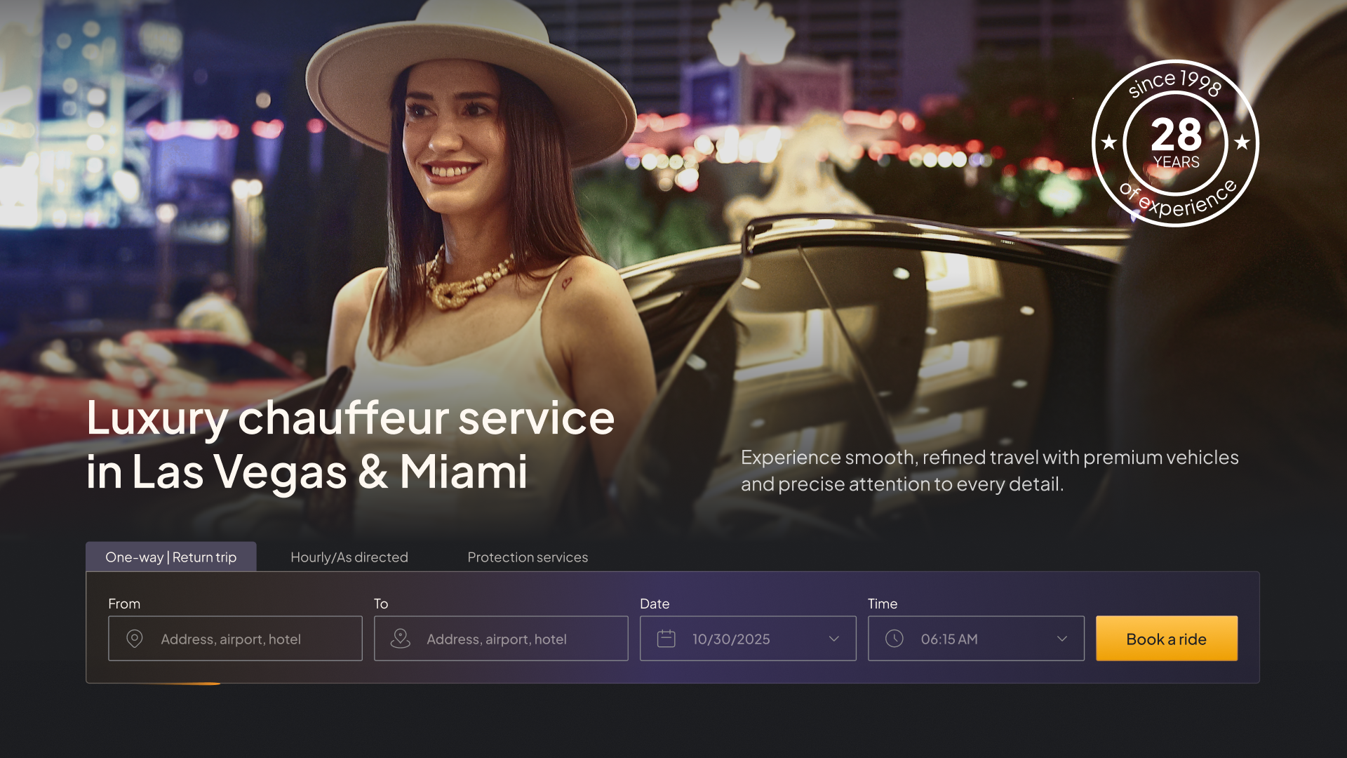 The redesigned Omni Limousine hero section featuring the inline booking widget with trip type tabs and immediate location inputs.