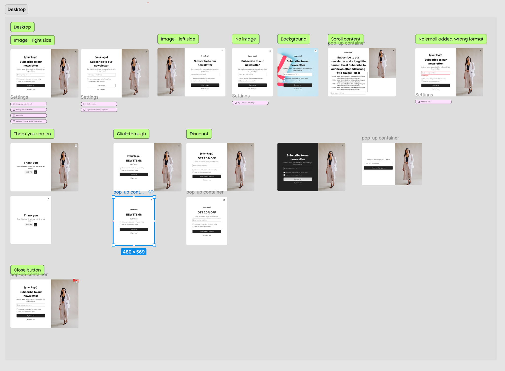 A Figma canvas mapping every popup variant and state: desktop layouts with image on the right and left, no-image and background variants, scroll-content and error states, plus thank-you, click-through, discount, and close-button scenarios — each annotated with settings like image aspect ratio, max width, and hover states.