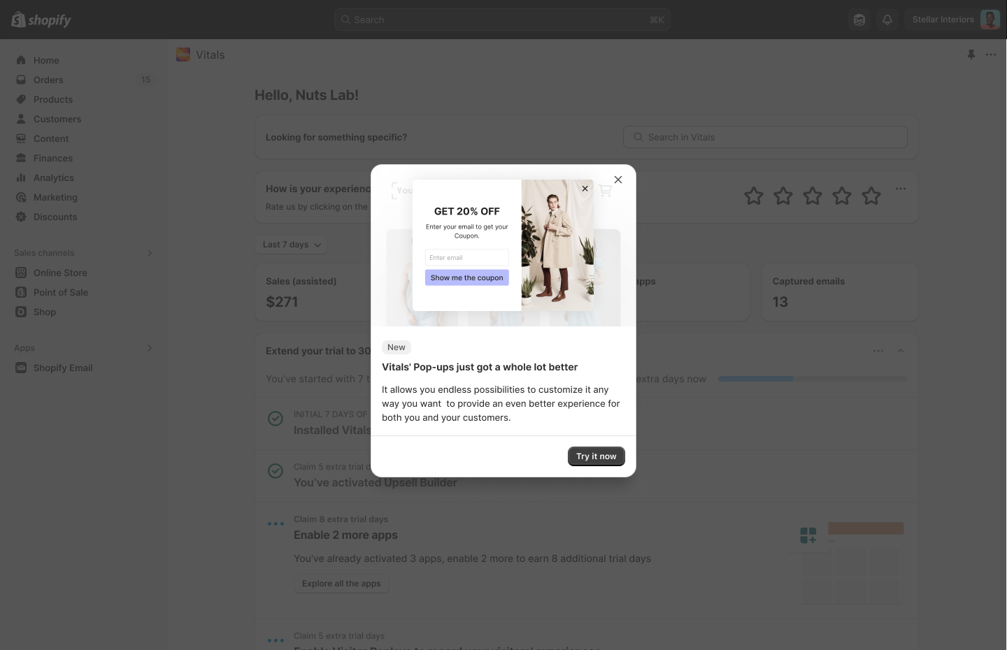The Shopify admin showing a Vitals in-app "Product Update" modal titled "Vitals’ Pop-ups just got a whole lot better," with a preview of the new discount popup and a "Try it now" button — one of the two in-app promotion methods driving activation.
