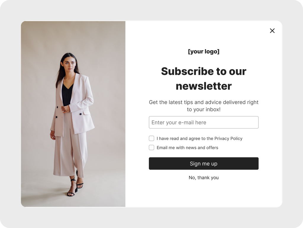 A storefront newsletter popup with the fashion model image on the left and the "Subscribe to our newsletter" content on the right — email field, privacy and offers consent checkboxes, a "Sign me up" button, and a "No, thank you" dismiss link — shown blending into a store theme.
