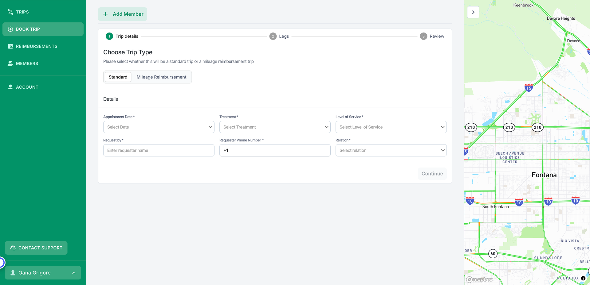 The original post-login experience: a member is dropped straight into a booking form with no onboarding step and no prompt to add the member who needs transportation, and no indication that the account just created is not the member’s own.