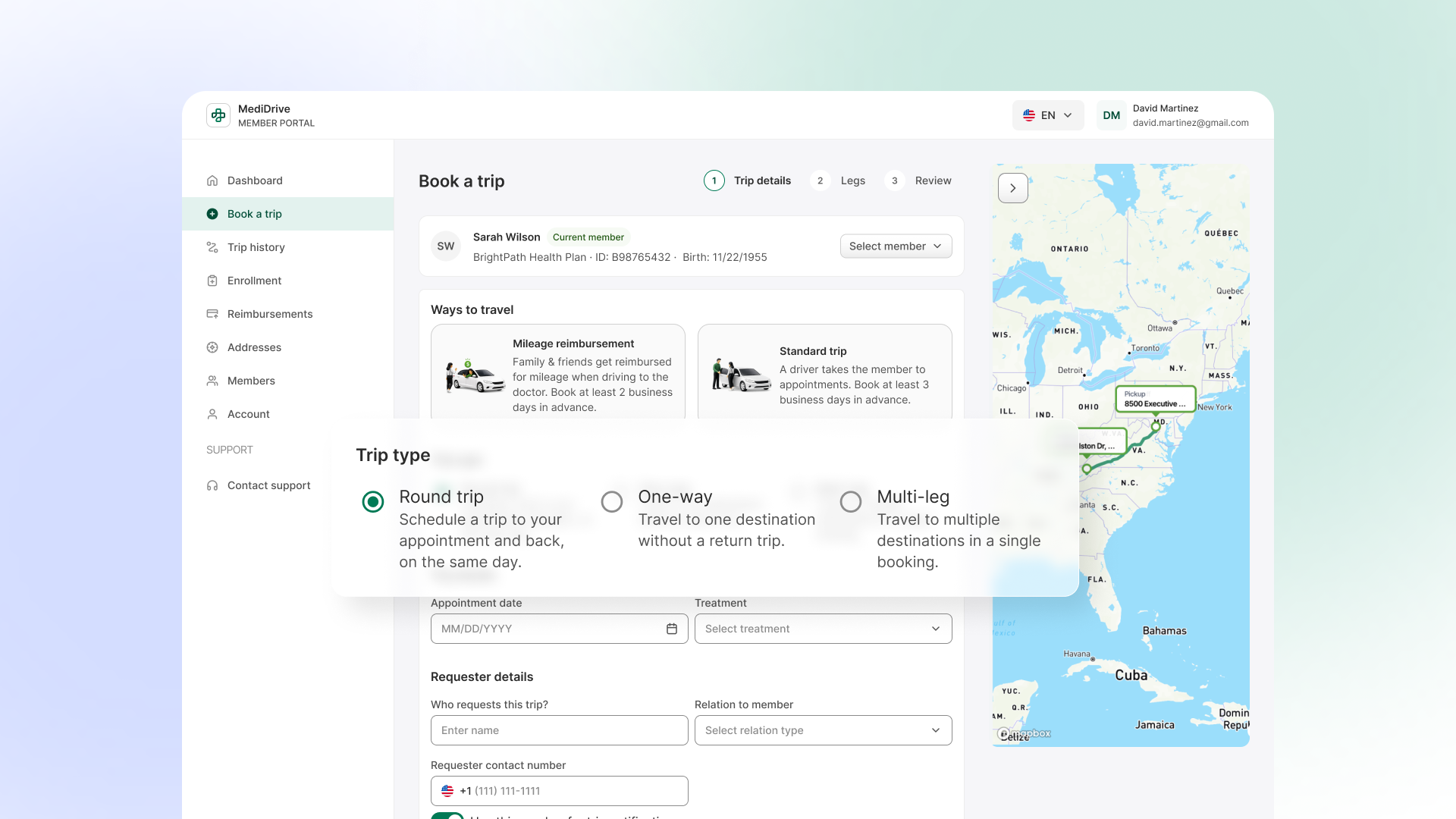 The start of the redesigned booking flow: a trip-type selector offering round trip, one-way, and multi-leg. The choice reshapes the form, round trip auto-fills the return leg, one-way removes the return section entirely.